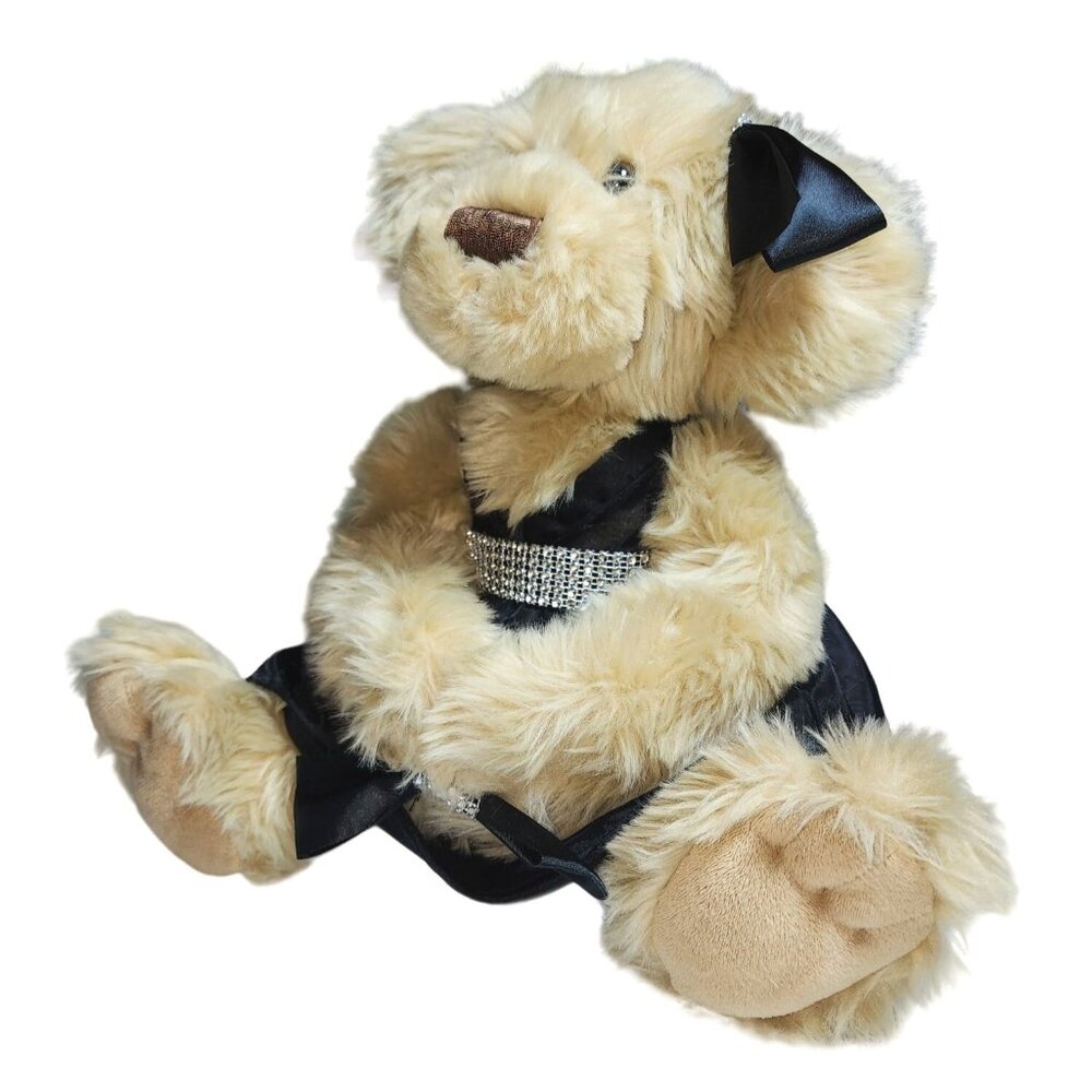 Debi Lilly Floral Services Vase Holding Bear Plush in Black Dress w Rhinestones